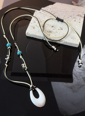 原创设计天然石椭圆吊坠项链女手工编织毛衣链简约气质饰品