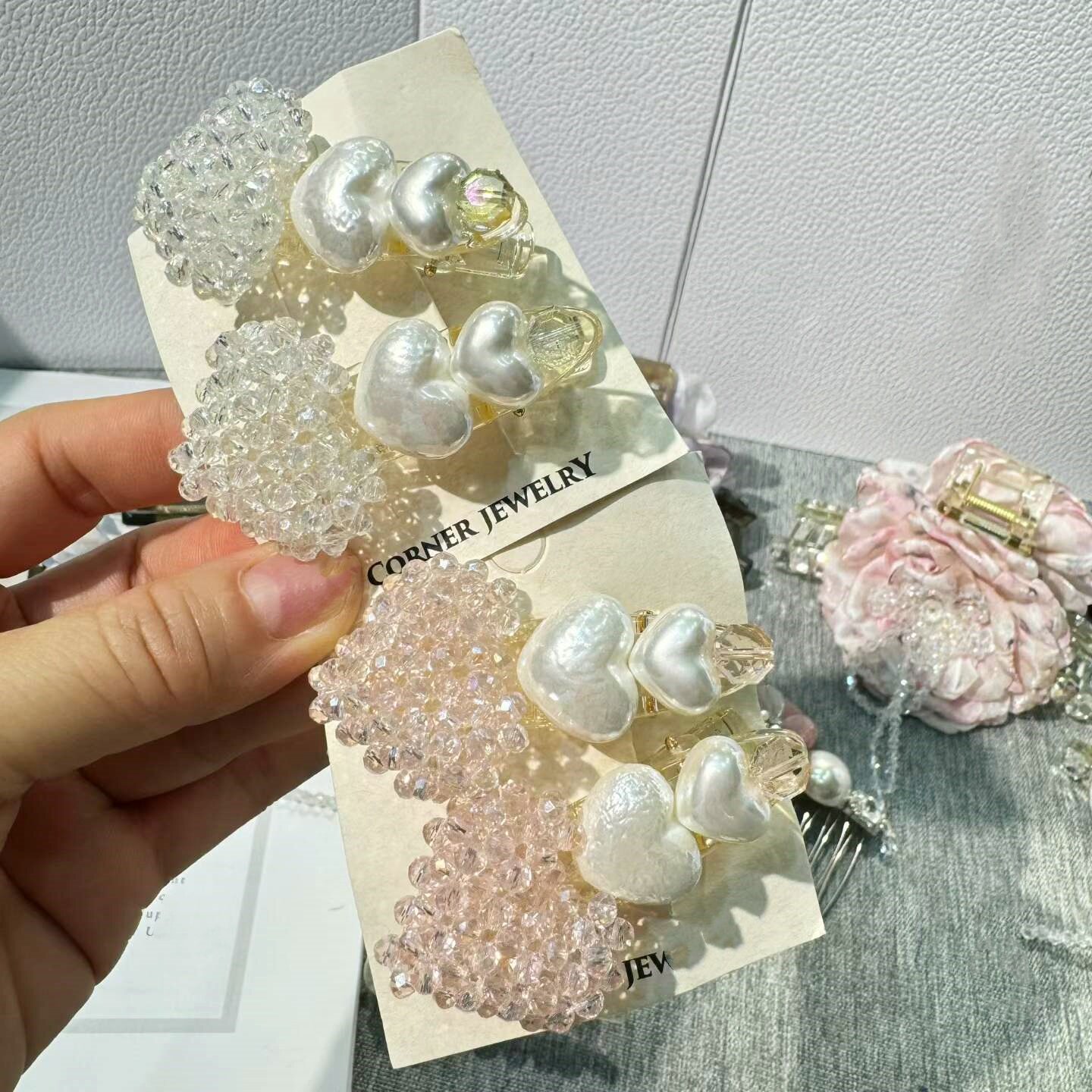 手工珍珠爱心桃心水钻花朵发夹女鸭嘴夹边夹碎发夹发饰