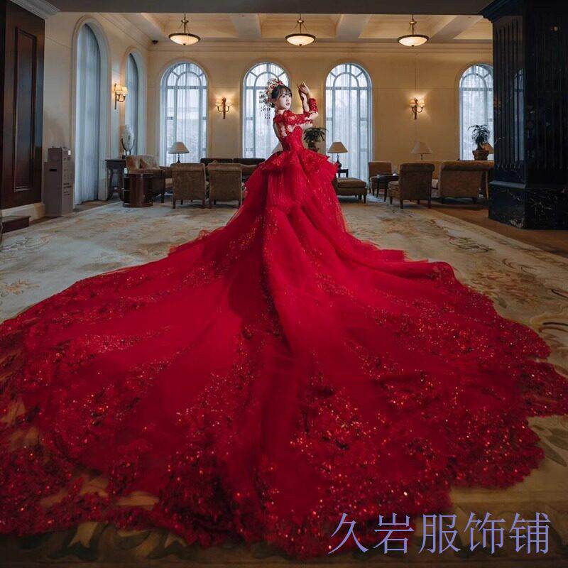 出门长袖女新款红色纱小个子婚纱婚纱