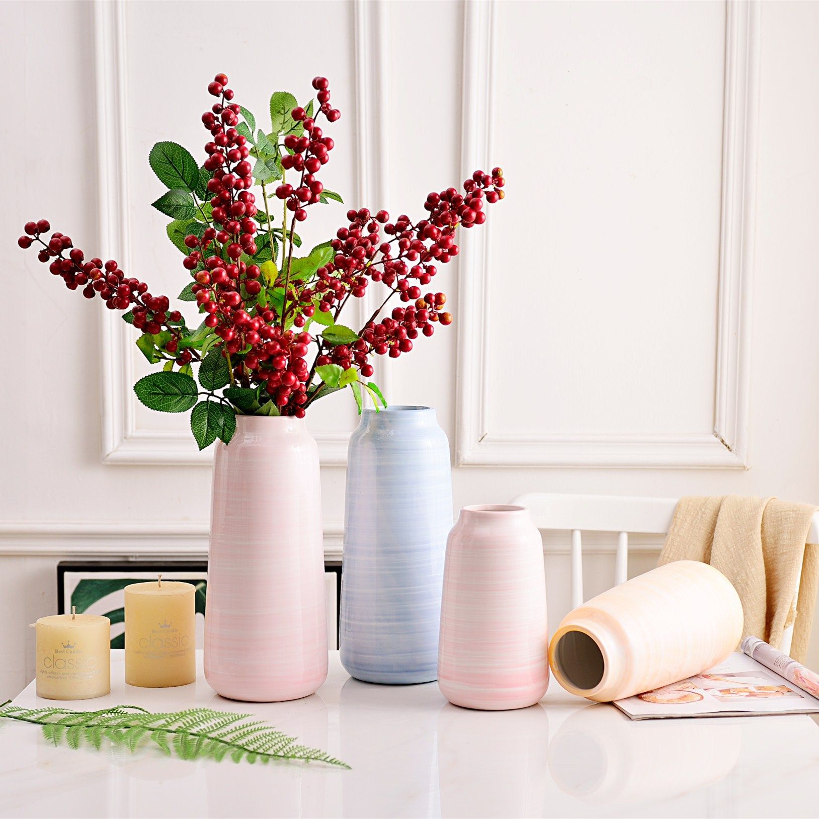 简约蓝粉黄色现代陶瓷花瓶三件套工艺品摆件花器软装饰品