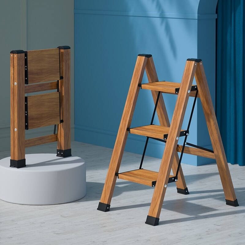 工用梯多功能折叠梯子人字梯花架木纹三步楼梯便携小梯凳