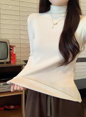 实拍260G双面抓毛长袖t恤女装春秋薄款修身打底衫半高领韩版上衣