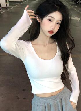 秋季2025新款纯欲风辣妹大U领显瘦修身短款白色长袖T恤上衣女装潮