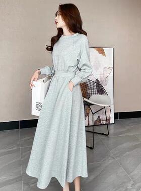 秋冬新款韩版长袖洋气减龄文艺显瘦大摆收腰长款卫衣连衣裙女装潮