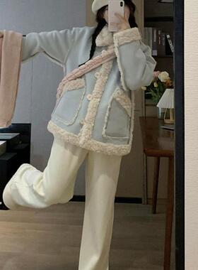 蓝色羊羔毛外套女秋冬季2025年新爆款韩系棉服皮毛一体加绒羊羔绒