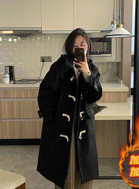 中长款黑色牛角扣呢子大衣女毛呢外套2025年秋冬季新款高级感加厚