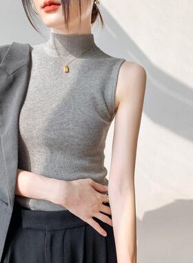 半高领无袖背心女2025早秋季新款修身打底毛衣黑色西装内搭针织衫