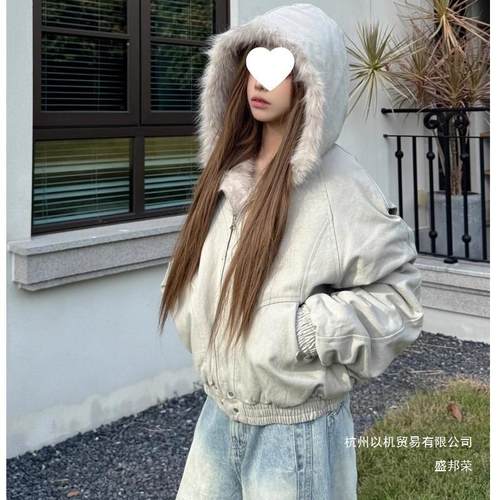 厂家直销加厚连帽毛领棉服女美式街头秋冬季感毛茸茸派克服棉