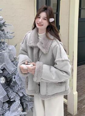 蓝色皮毛一体外套女冬季2025新款慵懒风麂皮绒棉服短