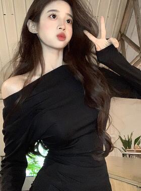 实拍260G人棉磨毛长袖t恤女2025初秋新款纯色修身打底衫斜领上衣