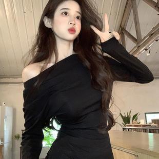 打底衫 纯色修身 斜领上衣 t恤女2025初秋新款 实拍260G人棉磨毛长袖