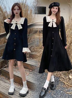 实拍2025秋冬胖mm高腰蝴蝶结方领长袖连衣裙女韩版时尚a字长裙子