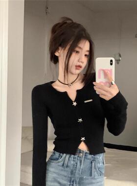 黑色v领针织开衫女春季新款打底衫设计感小众修身短款长袖上衣服