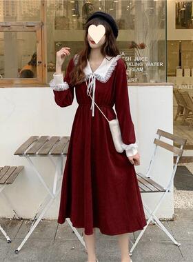 新款圣诞节秋冬季法式裙子女装红色收腰显瘦长袖赫本风连衣裙大码
