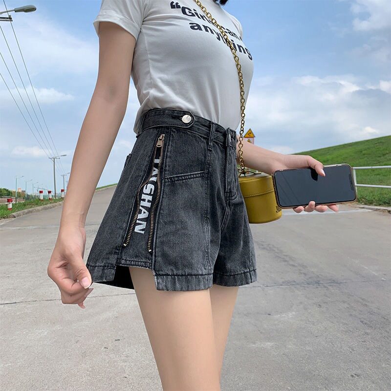 women clothes牛仔短裤女夏装高腰宽松设计感侧拉链新款显瘦a字母