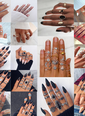 复古新款个性关节戒指环套装Retro silver women joint rings set