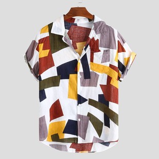 Men's Plaid Colorblock Short Sleeve Casual Lapel Shirt男衬衫