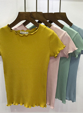 Cropped knitted T-shirt with fungus女士木耳边高腰短款针织T恤