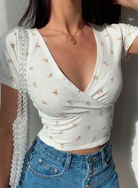 Y2K Vintage Floral Cross Crop Top T-shirt Women Cropped Slim