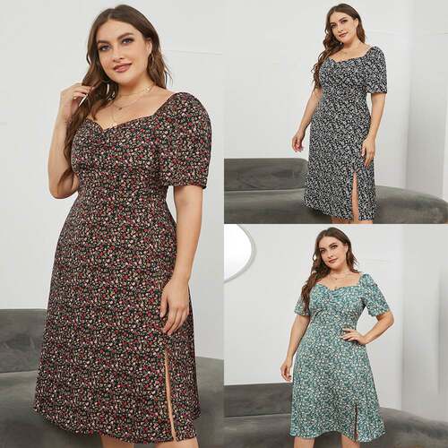 plus size floral dress summer 大码法式方领收腰开叉碎花连衣裙