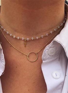 women cross necklace Double simple metal round choker 锁骨链