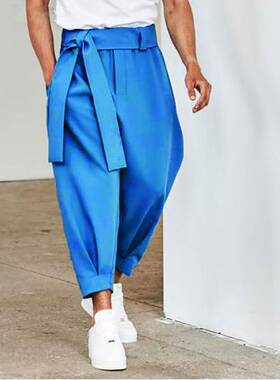 Men Pants Solid Color Joggers Baggy Lace Up Casual Trouses