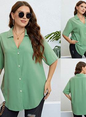 summer big size women shirts 夏季绿色V领宽松休闲女士衬衫