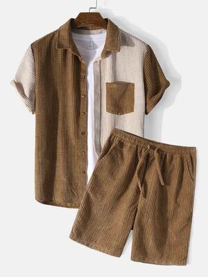 Men's casual loose stitched corduroy short sleeve suit L
