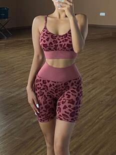欧美风豹纹健身服性感吊带背心运动套装高腰撸铁文胸短裤可外穿