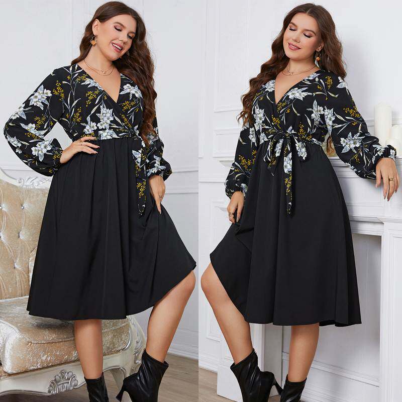 长袖V领连衣裙 plus size women dresses 大码显瘦胖妹妹宽松短裙