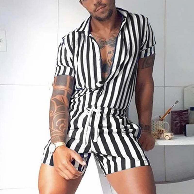 Men Rompers Streetwear Striped Patchwork Lapel Short Sleeve