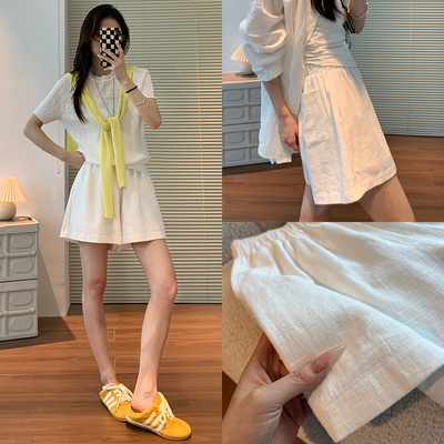 白色亚麻短裤女夏季新款阔腿短裤