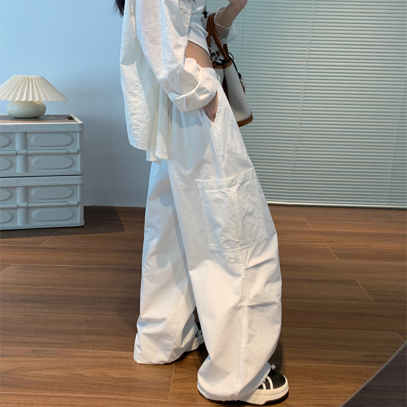 白色工装裤女春夏薄款高腰休闲直筒裤美式辣妹降落伞裤束脚运动裤