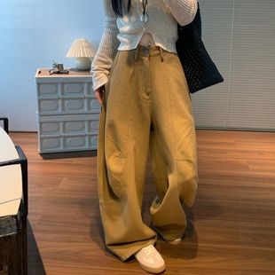 卡其色工装裤女2025秋季新款休闲遛弯阔腿裤宽松水洗棉牛仔弯刀裤