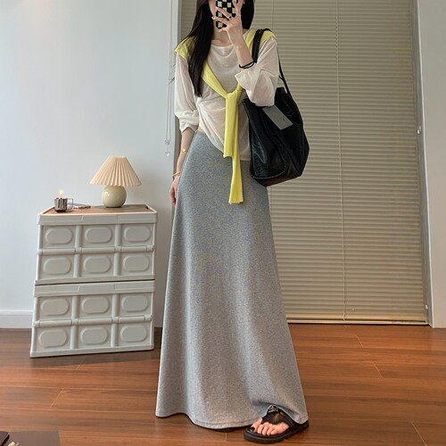 灰色半身裙女夏季针织长裙垂坠感后开叉裙子
