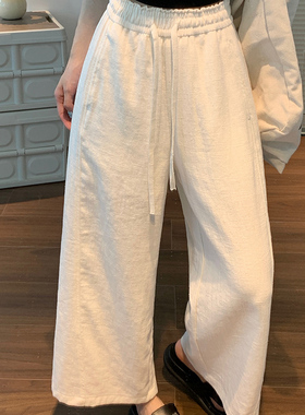 白色苎麻九分阔腿裤女夏薄款高腰垂感老钱风直筒亚麻棉麻花苞裤子