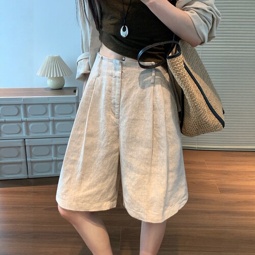 夏季老钱风纯亚麻显瘦西装五分裤