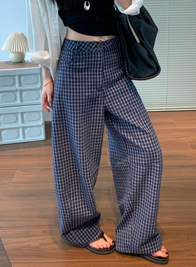 海岛泡泡棉格子裤女2025夏季薄款慵懒松弛感阔腿裤休闲弯镰刀裤子