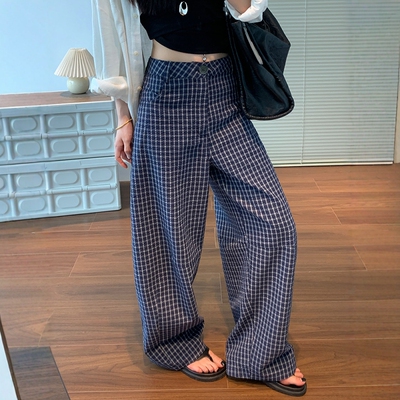 海岛泡泡棉格子裤女松弛感镰刀裤