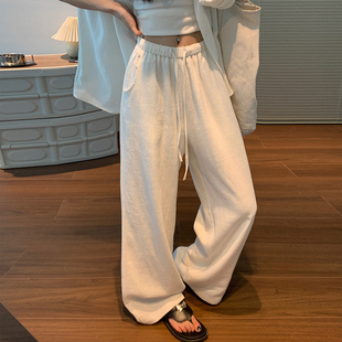 春夏休闲松弛感老钱风直筒棉麻拖地裤 白色苎麻裤 女水洗亚麻阔腿裤