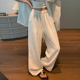 春夏休闲松弛感老钱风直筒棉麻拖地裤 白色苎麻裤 女水洗亚麻阔腿裤