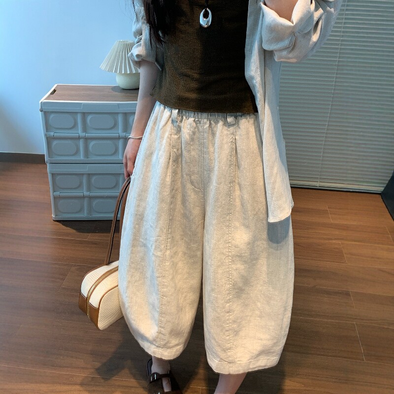 亚麻女夏薄款茧型灯笼花苞七分裤图片