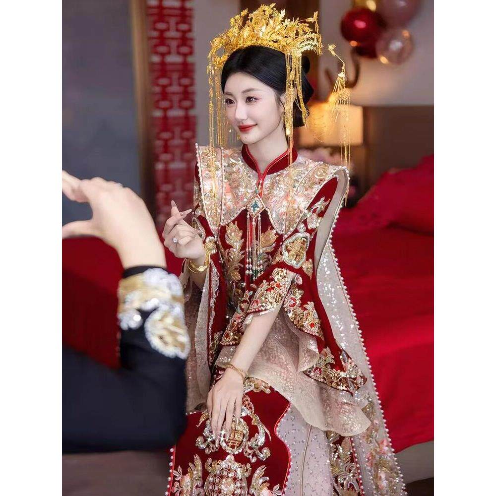 丝绒大码秀秀套装新娘婚纱修身造型凤凰冠披肩婚纱套装全套重工业