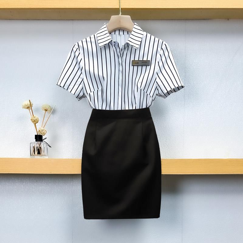职业套装女夏季新款短袖条纹衬衫酒店前台收银员饭店服务员工作服图片