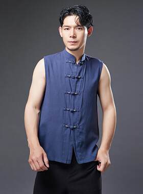 夏季立领休闲覆古男士背心中国风马甲古风棉麻男装上衣盘扣坎肩