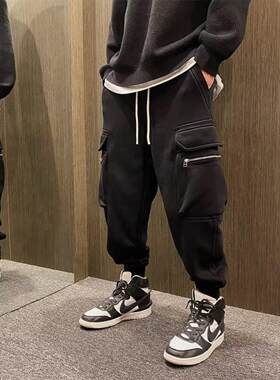 初中学生春季大口袋工装休闲裤男孩潮牌宽松束脚潮裤子运动哈伦裤