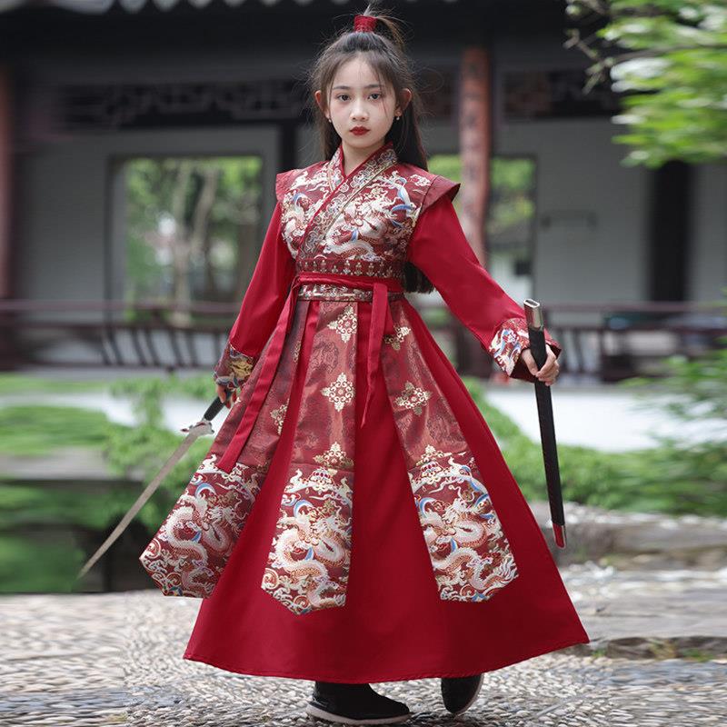 儿童花木兰cos服演出服装男女童武侠风女童汉服红色古风古装春秋图片