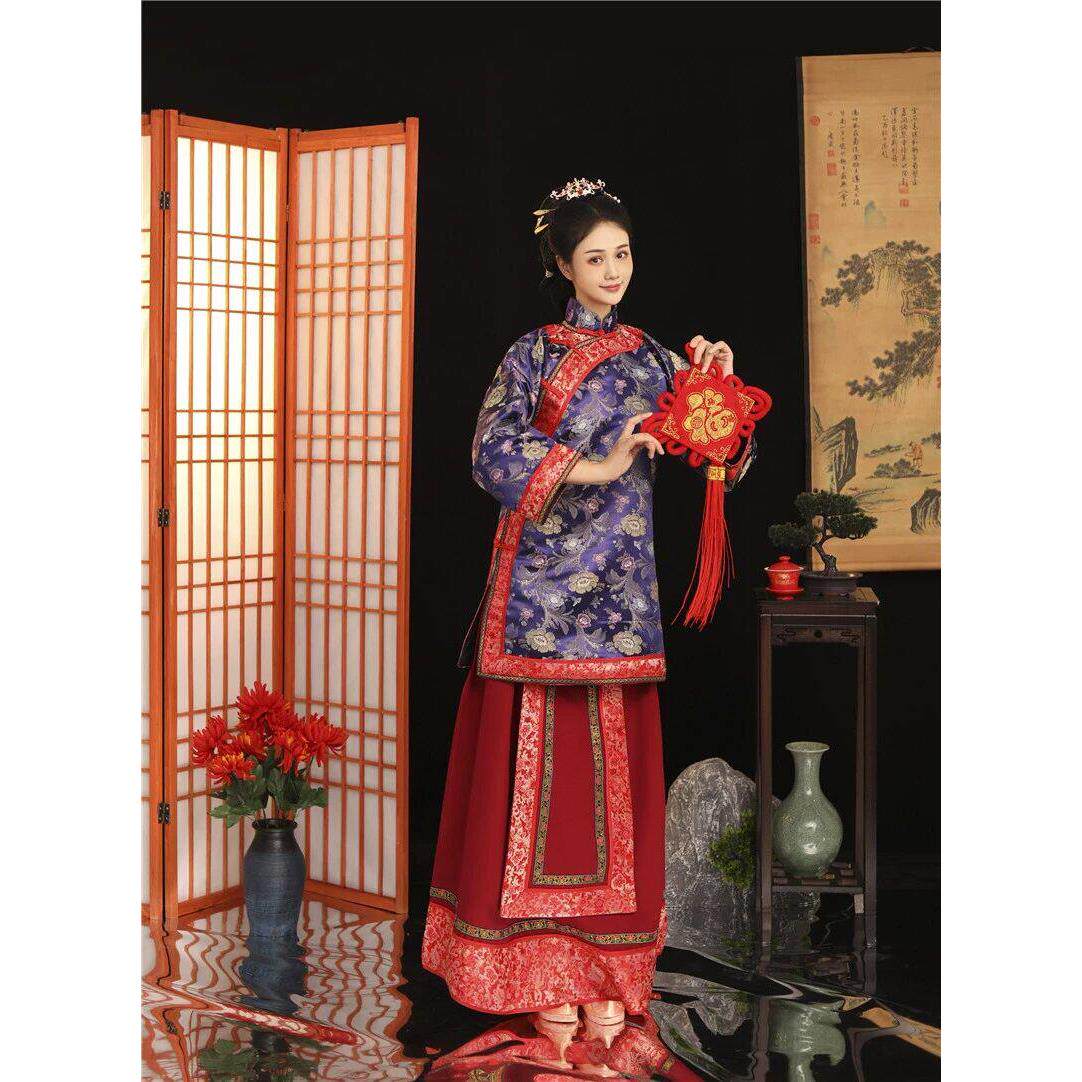 清朝古装媒婆婚礼服 汉女晚清旗袍直襟复古中式大麻刺绣喜娘服