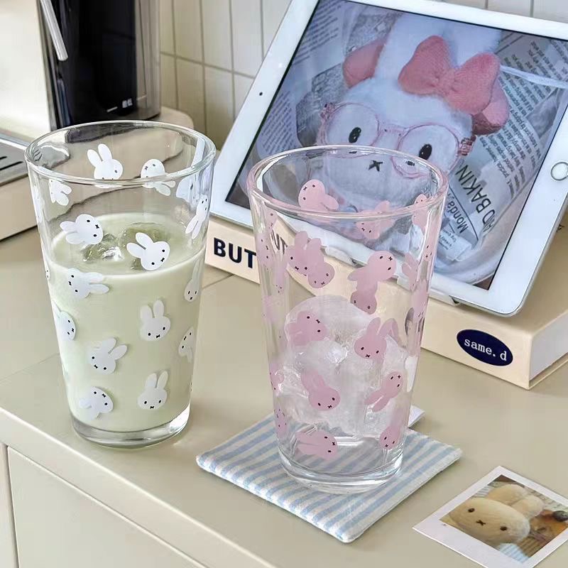 2只小兔子印花水杯可爱高颜值玻璃杯ins大容量牛奶咖啡1只杯子