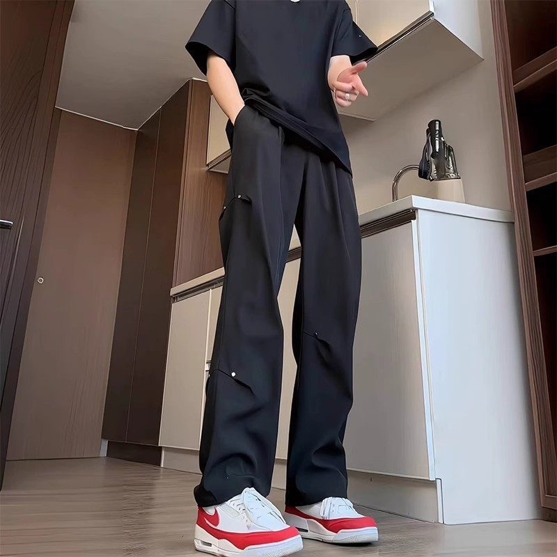 夏季感痞帅冰丝西裤男士休闲百搭垂坠感美式vibe柳钉微喇裤子